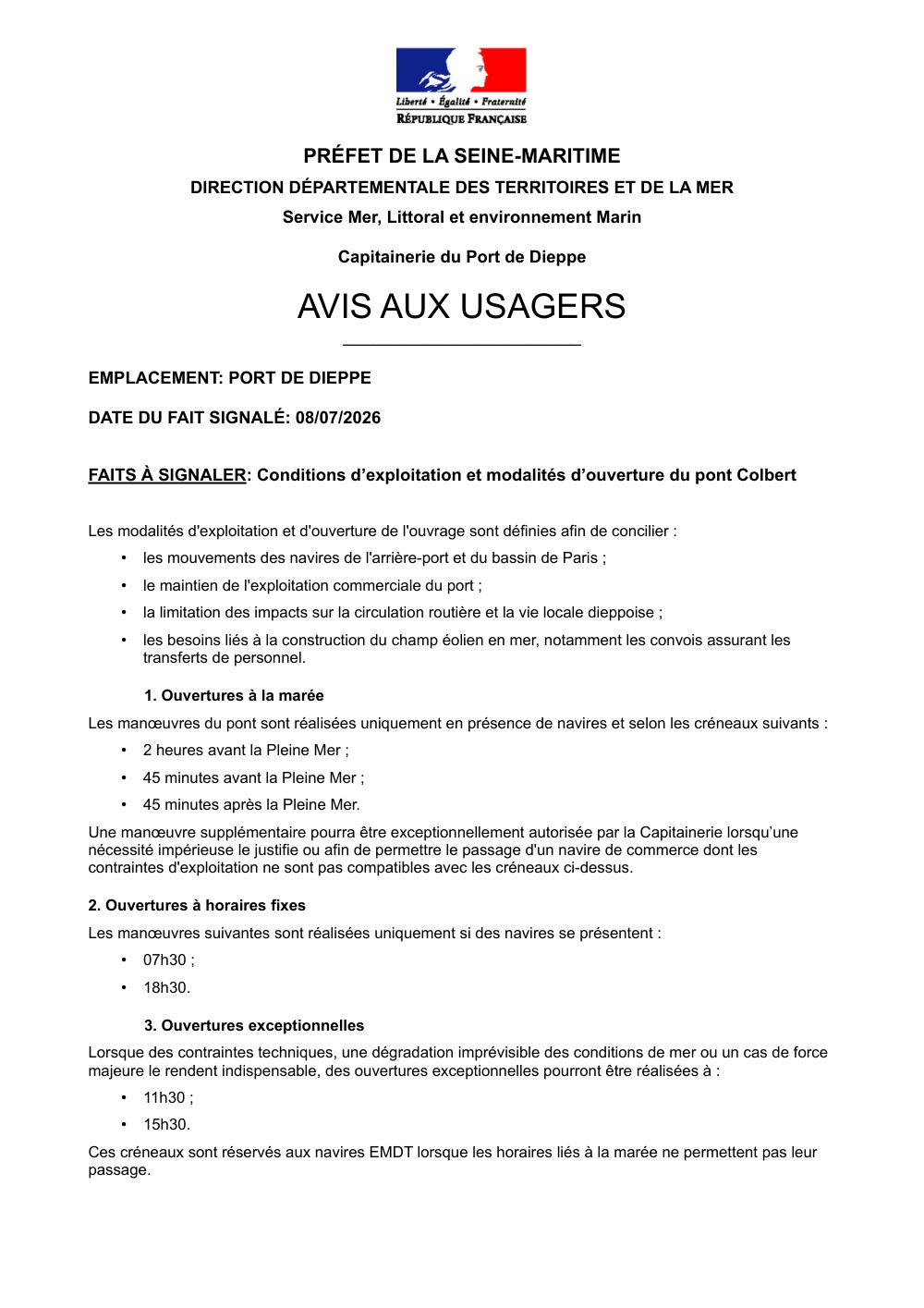 Avis aux usagers, page 1 : ouvertures à la marée (2 h avant, 45 min avant et 45 min après la pleine mer), ouvertures à horaires fixes à 07h30 et 18h30, ouvertures exceptionnelles à 11h30 et 15h30 réservées aux navires EMDT.