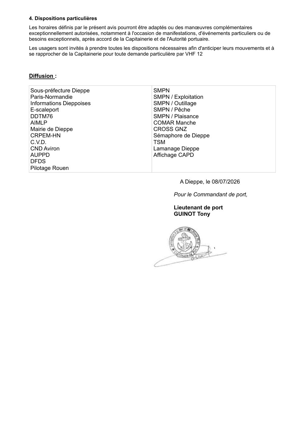 Avis aux usagers, page 2 : dispositions particulières, liste de diffusion, signature du lieutenant de port.